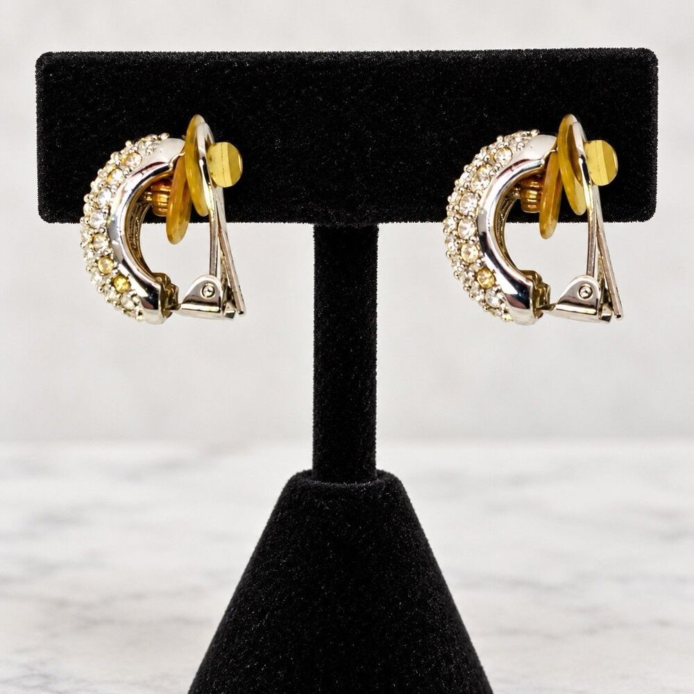 Vintage Christian Dior Clip-On Earrings Gold Tone Rhinestone Amber Accent